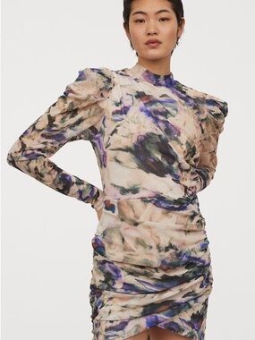 H&M Watercolor Abstract Long Sleeve Ruched Mini Dress - Beige, Blue, Black